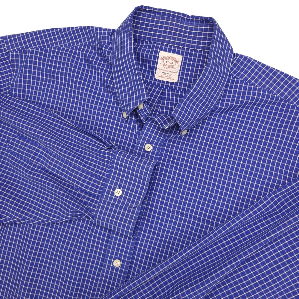 Brooks Brothers Dress Shirt Men's 17-34 Blue Gingham Check Regular Fit Non-Iron